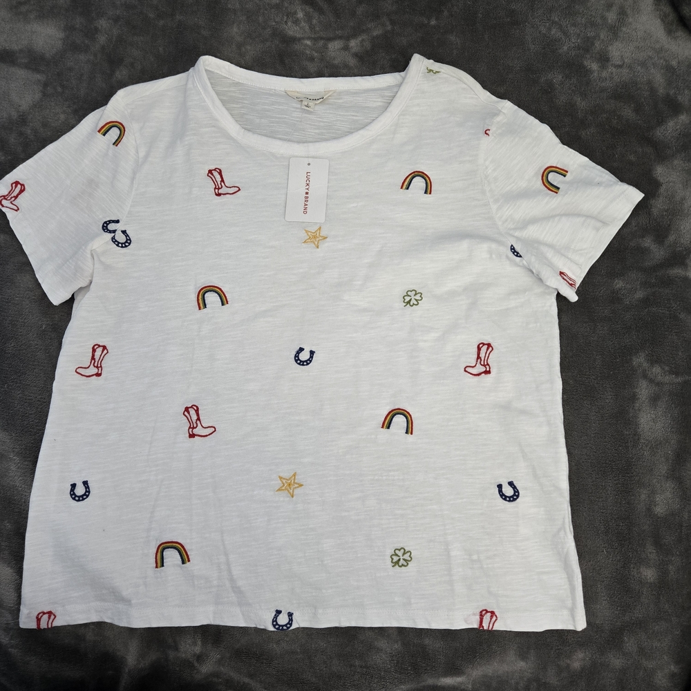 Lucky Brand White Embroidered Rodeo Lucky Rainbow Tee